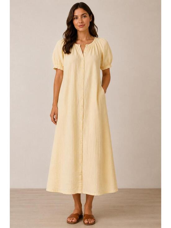 Faherty Dresses & Skirts - Faherty Yellow Cotton Gauze Dress Women’s M Button Front Puff Sleeve Cottagecore